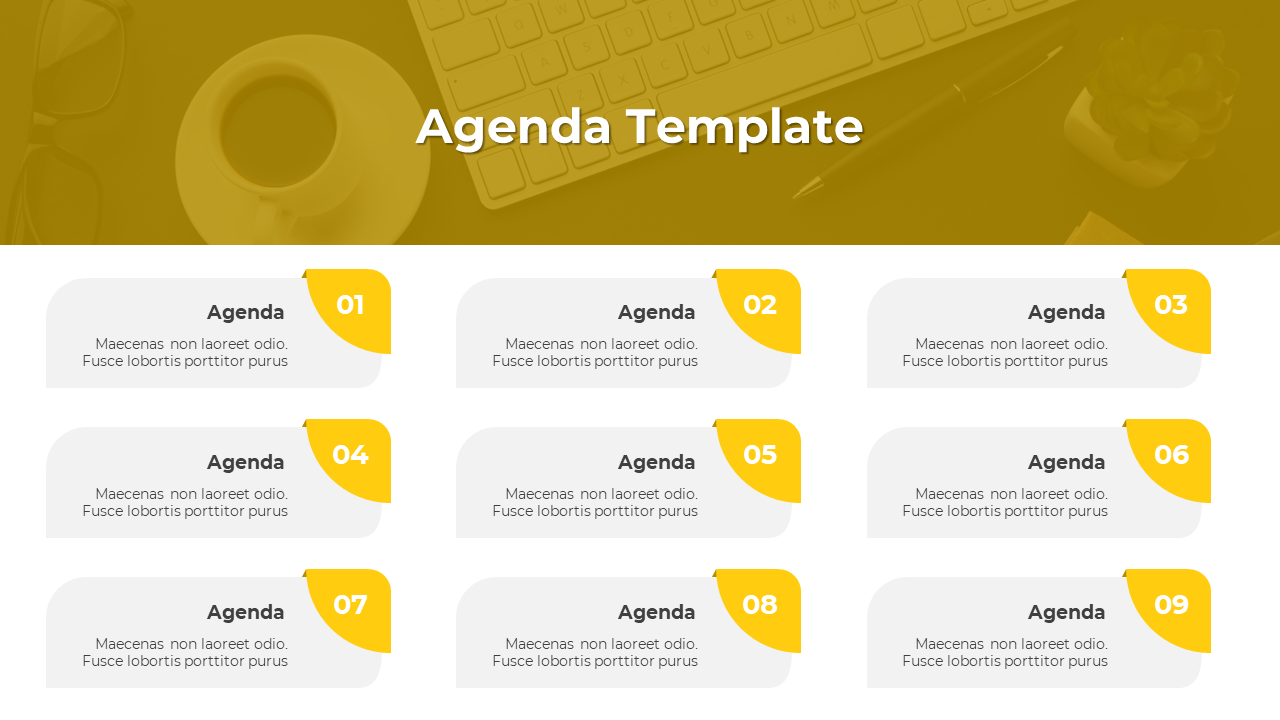 Agenda template with nine labeled sections, each numbered with bold yellow tags and text descriptions.