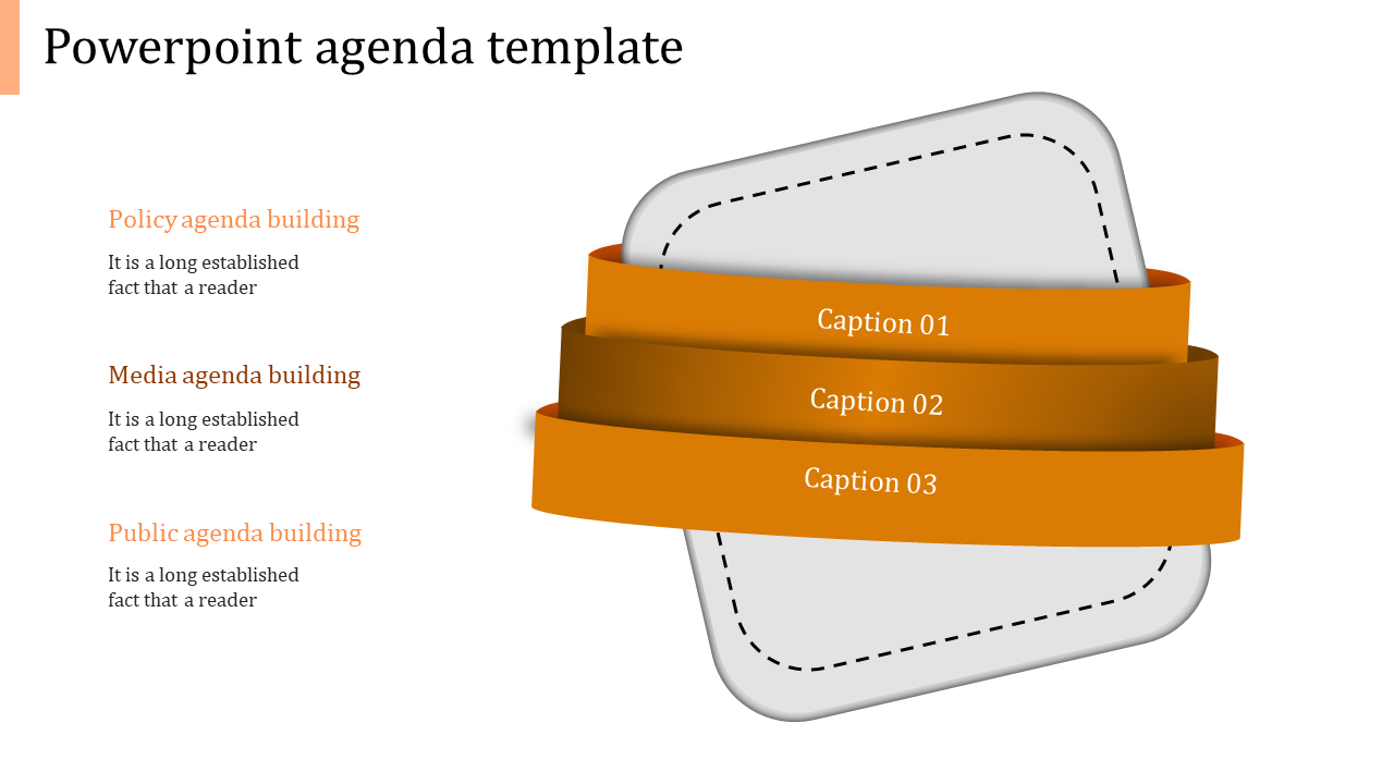 Orange themed agenda PPT template with three layered ribbons labeled as captions and additional agenda points on the side.