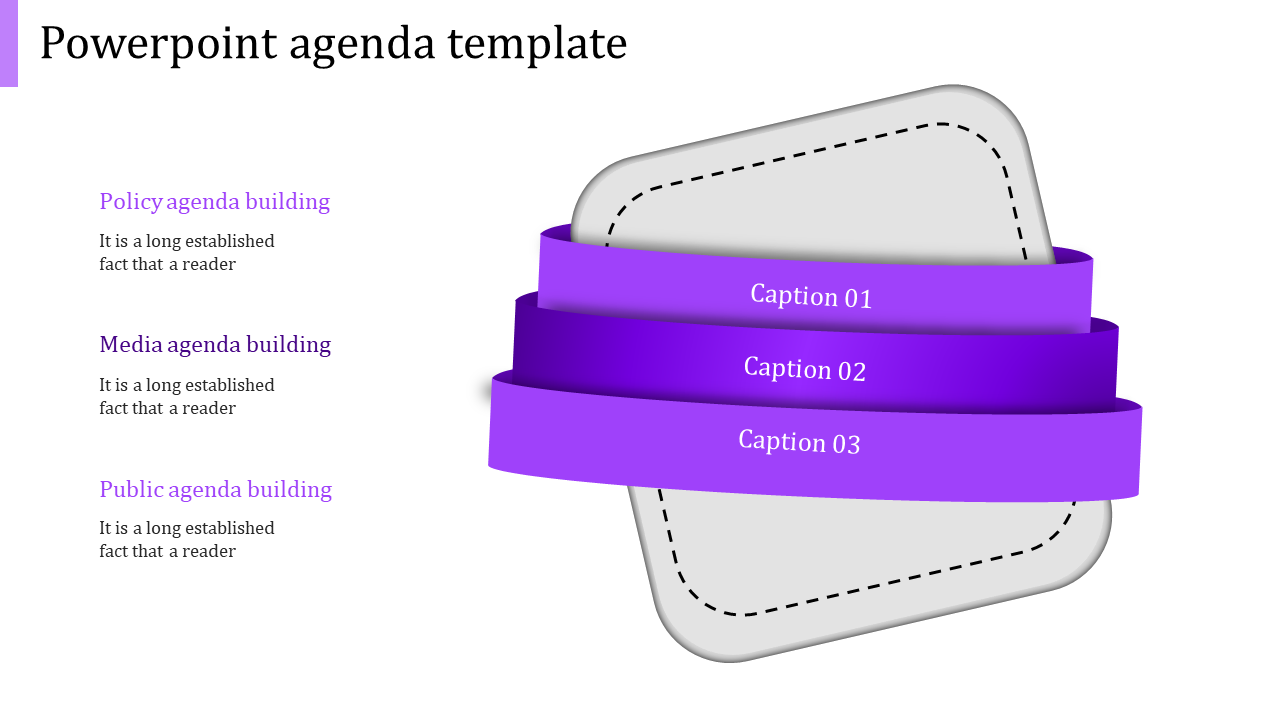 Purple themed agenda PPT slide with three stacked ribbons labeled with captions and side text describing agenda topics.