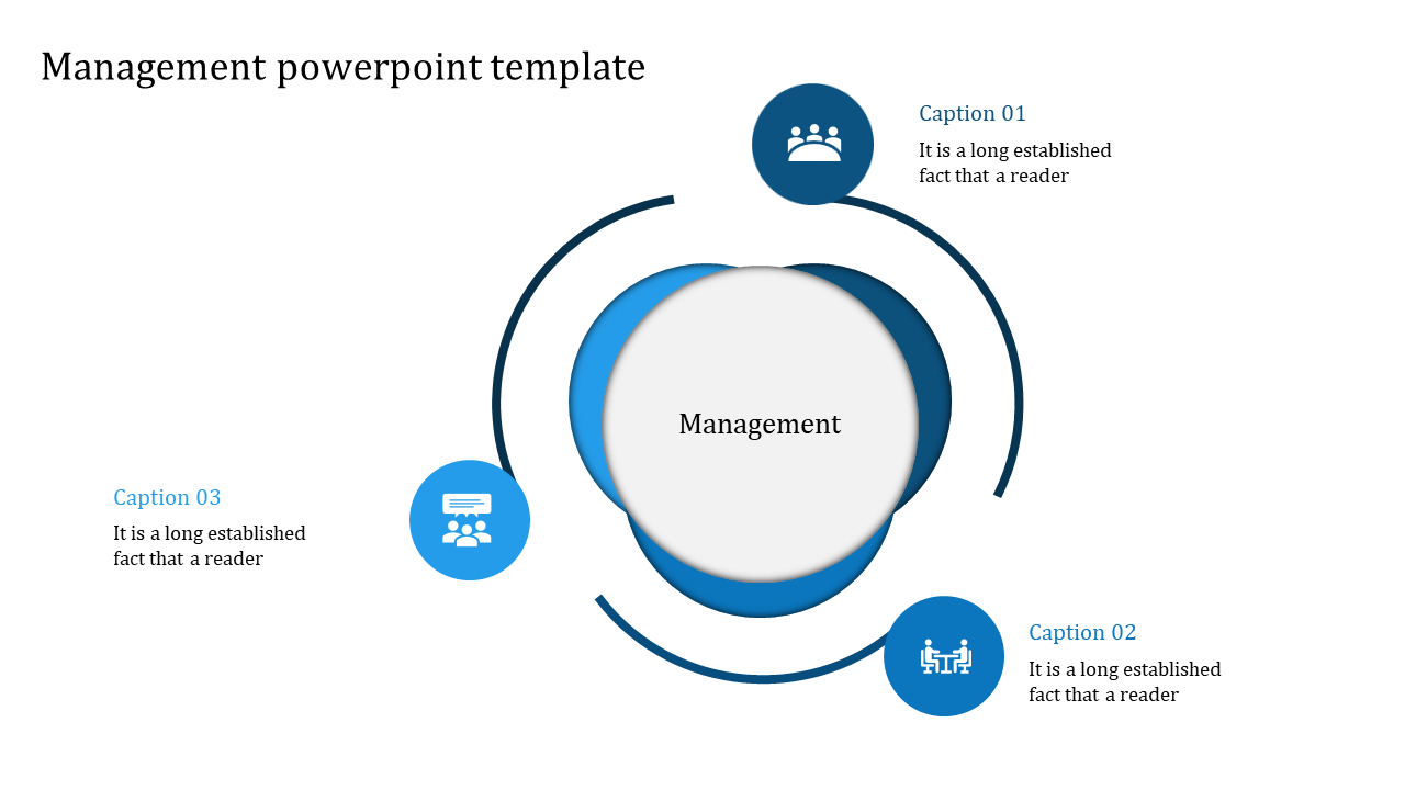 Professional management-themed layout with a central text label and three blue icons illustrating collaborative concepts.