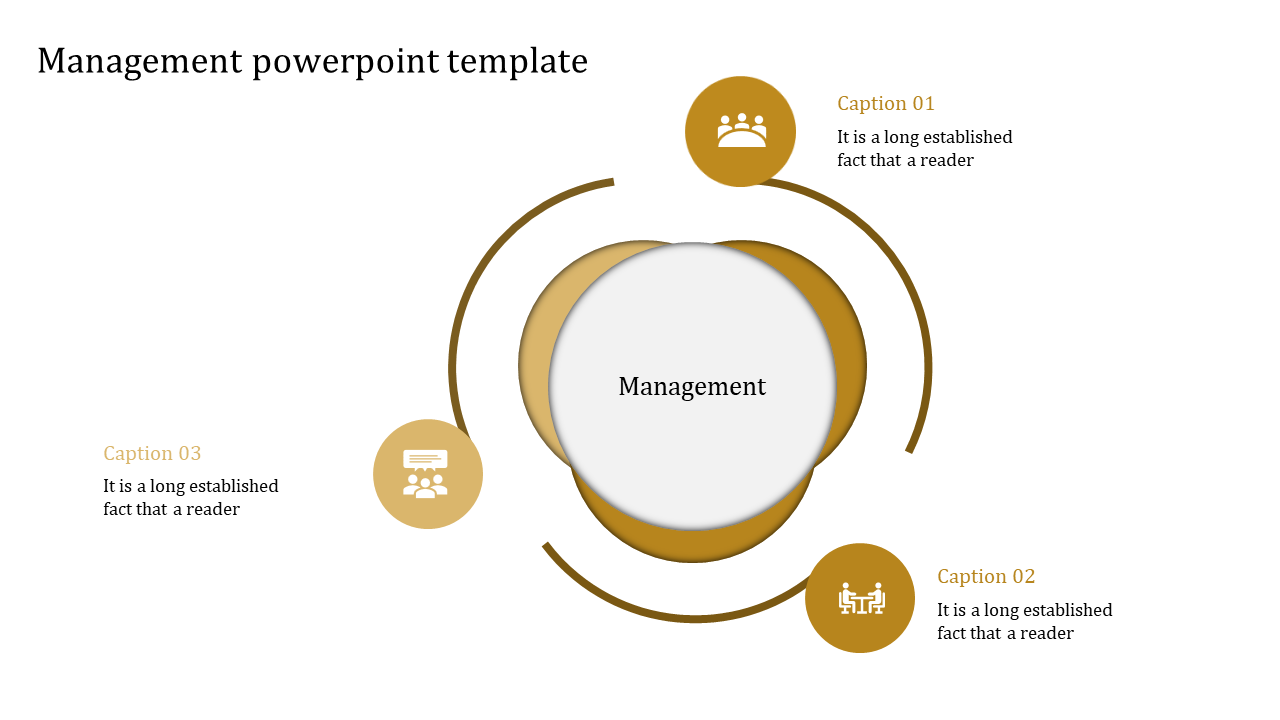 Management PowerPoint template with three interconnected icons representing key captions.