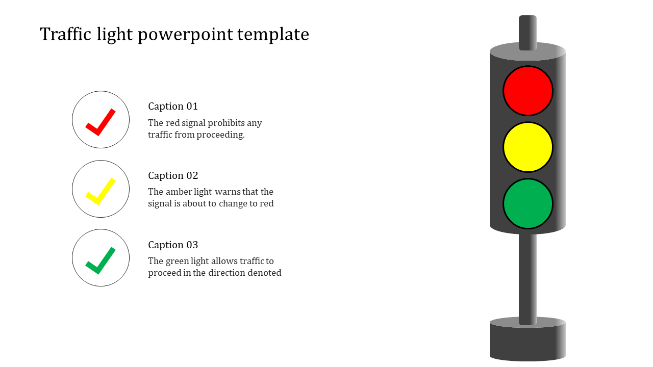 Slide with a traffic light graphic and three captions explaining the functions of red, amber, and green lights.