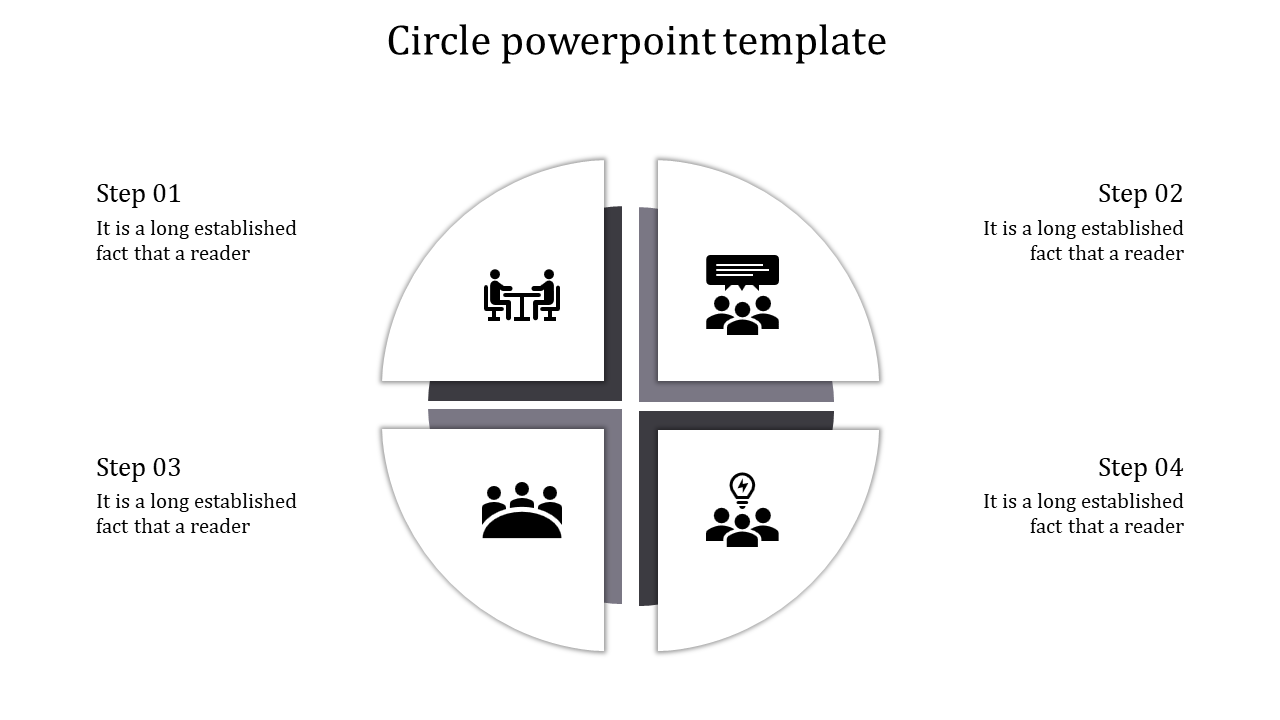 Circle infographic with four sections featuring gry accents, black business icons, and descriptions on a clean background.