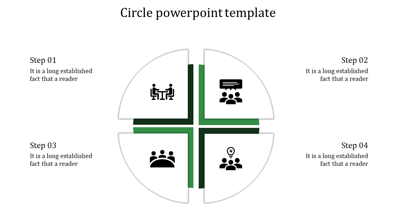 A circular PowerPoint template featuring four sections, each labeled with a step and an icon, for illustrating processes.