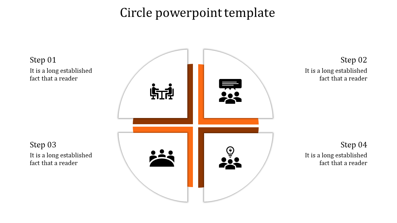 Circle PowerPoint template with a quartered design, showing steps 1 to 4 and related icons for each segment.