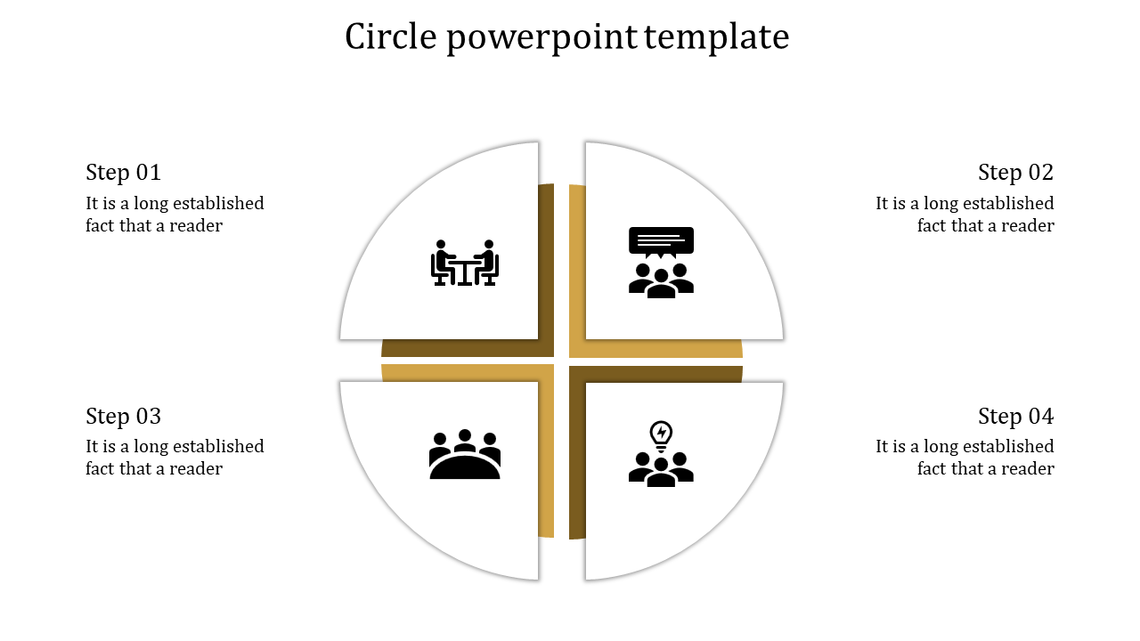 Four quartered circle infographic with yellow and white sections, featuring black icons, and captions placed around it.