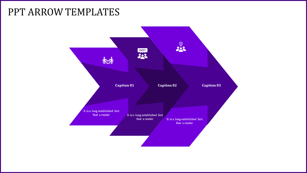 Slide featuring three stacked purple arrows, each containing a unique icon and caption text, symbolizing a process.