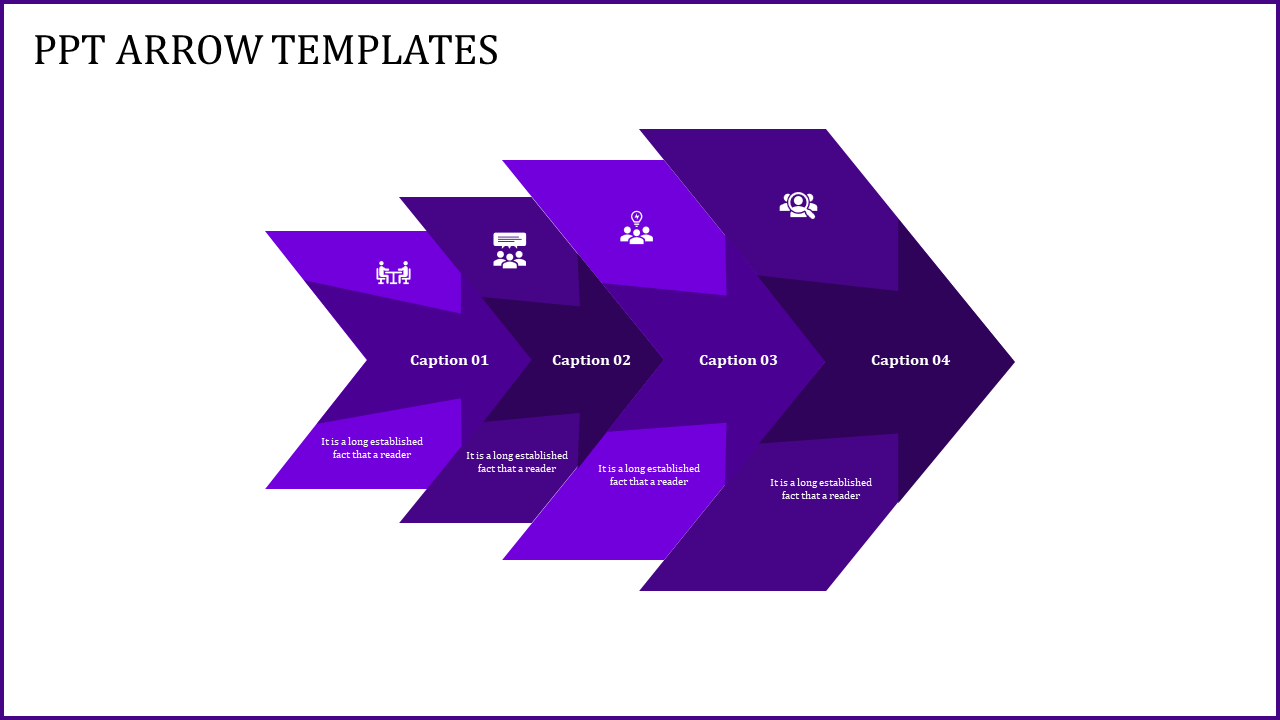 Horizontal arrow diagram with four purple segments featuring business icons and placeholder text areas.