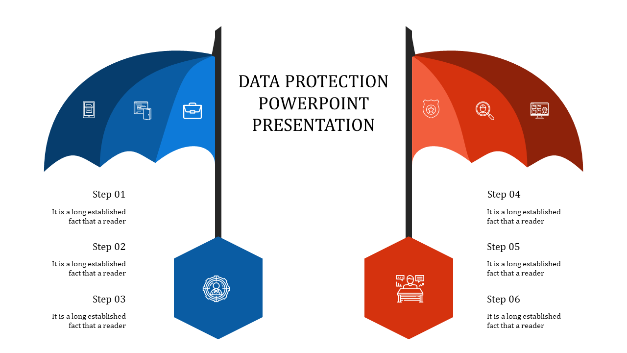 Blue and red umbrellas with icons depicting data protection steps, each featuring three steps below, in a balanced layout.