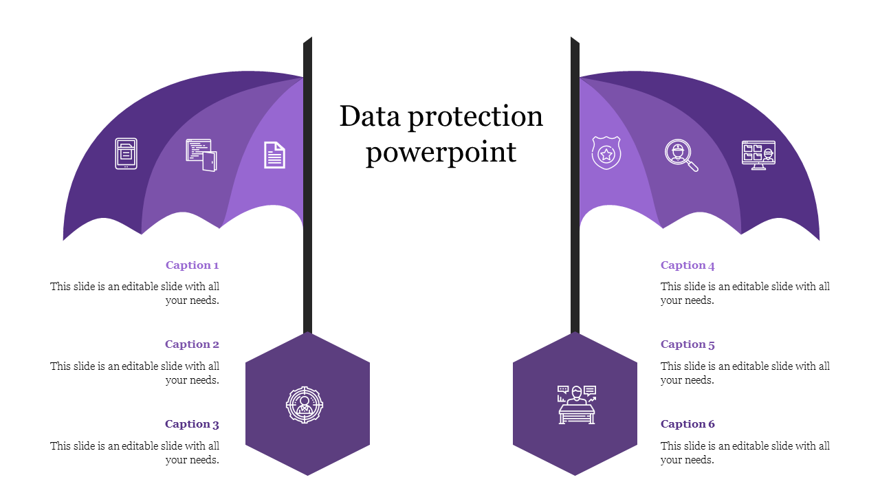 Purple themed data protection infographic with umbrella icons and six captions explaining security concepts.