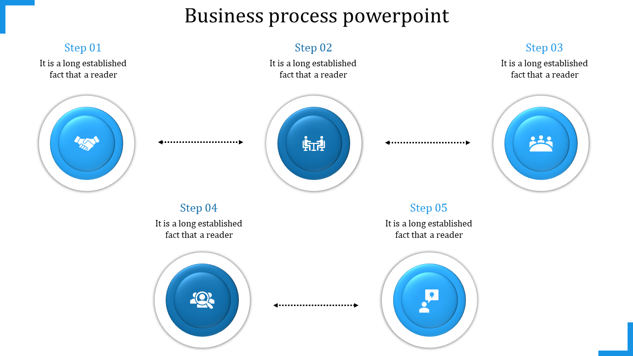 Five circular blue buttons with business icons arranged in two rows, connected by dotted directional arrows.