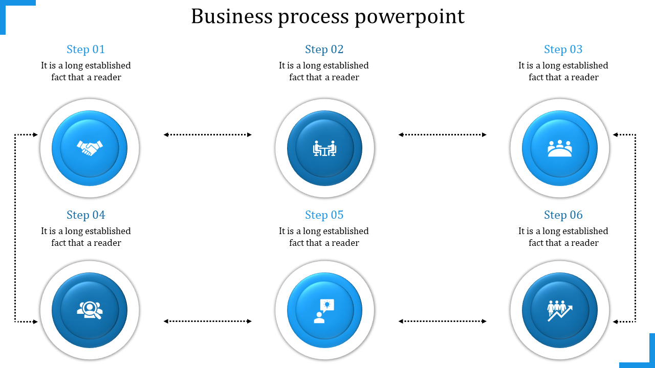 Business process PowerPoint template with six blue circular icons showing steps with placeholder text.