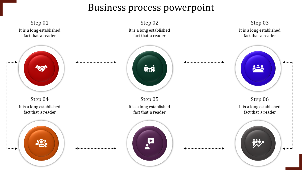 Six step business process with colorful icons in red, green, blue, orange, purple, and black, connected by arrows.