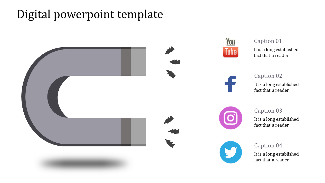 Digital marketing slide showing a gray magnet and four social media logos, each labeled with a brief caption.