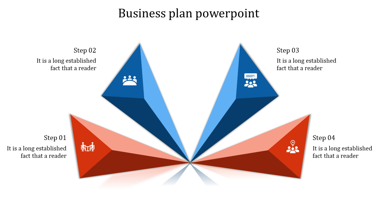 Business plan PowerPoint slide with four colored triangular segments showcasing steps and related icons.