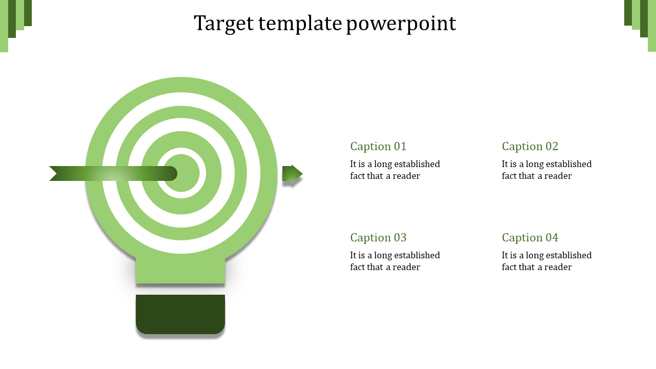 Target PowerPoint template with a central target icon and an arrow, surrounded by four caption sections.