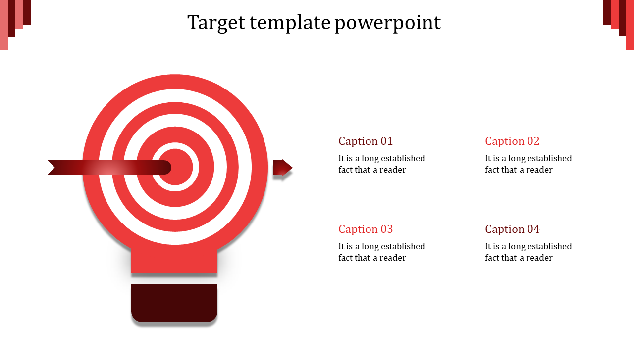 Red lightbulb-shaped target diagram with an arrow piercing the center, connected to four caption areas.