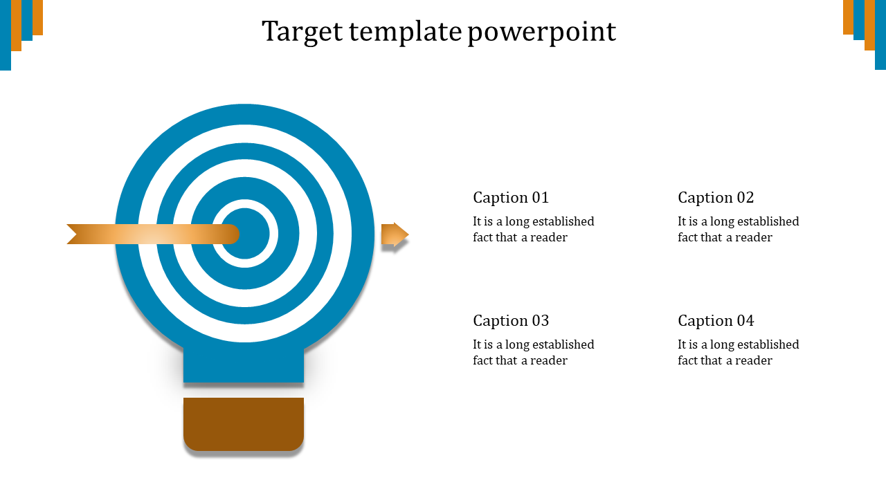 Blue target graphic with an orange arrow hitting the center, paire with four captions on the right side.