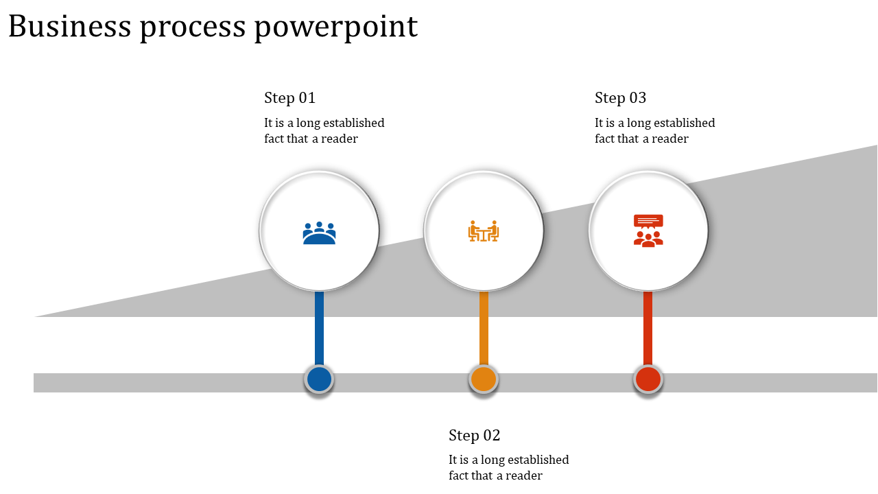 Stepwise business process diagram with three floating circles containing icons, aligned on a diagonal grey path.