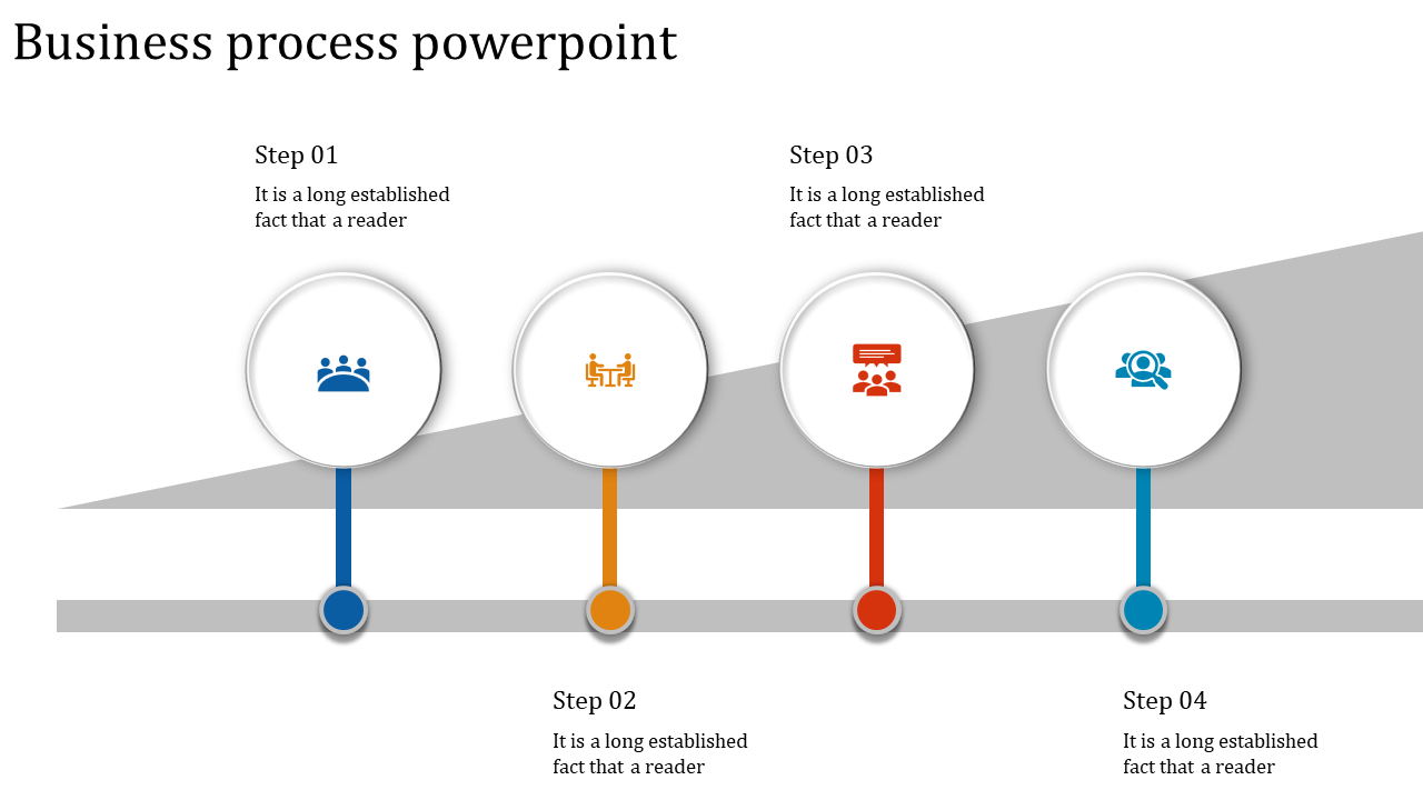 Slide featuring four white circles with blue, orange, red, and teal icons, connected by vertically over a slanted gray line.