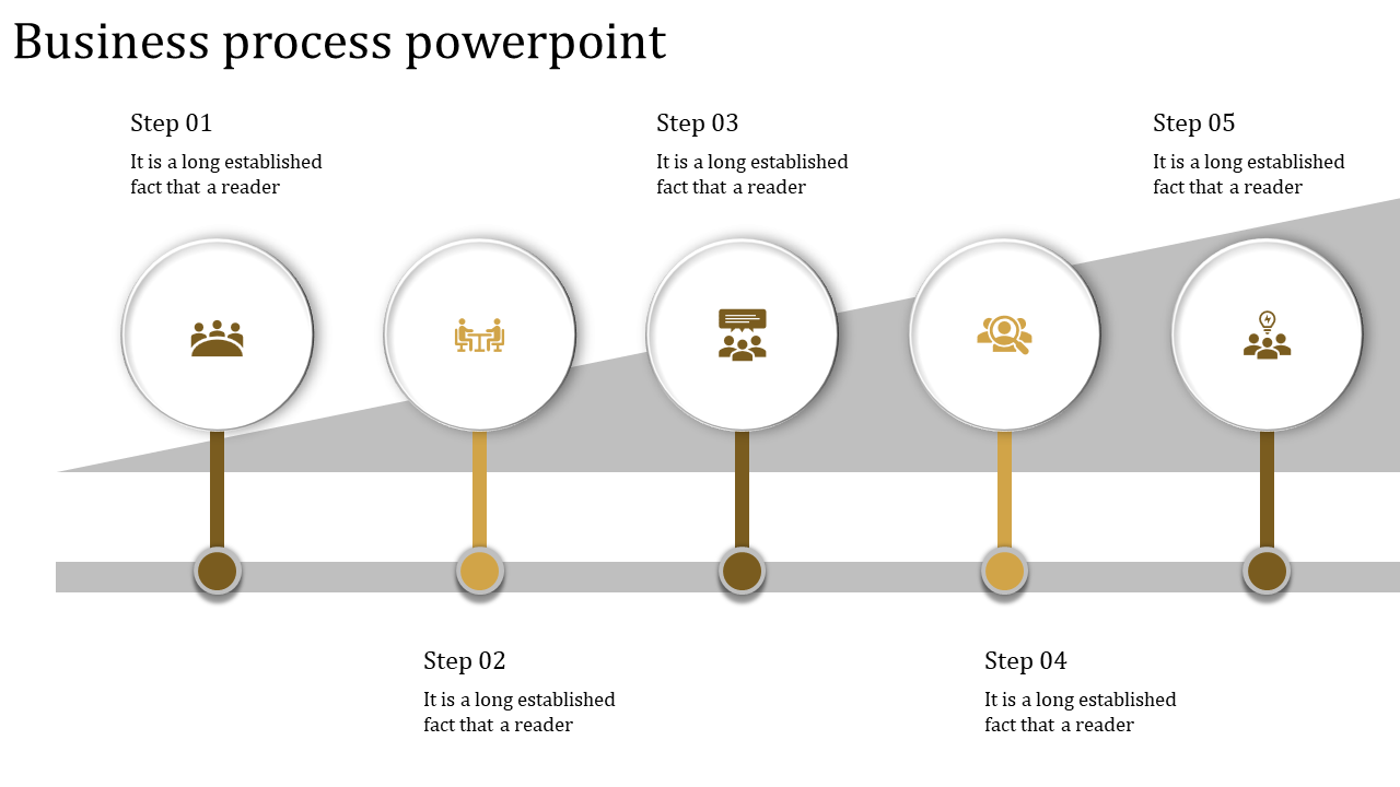 PowerPoint slide showing a five step business process flow, each step represented with an icon and placeholder text.