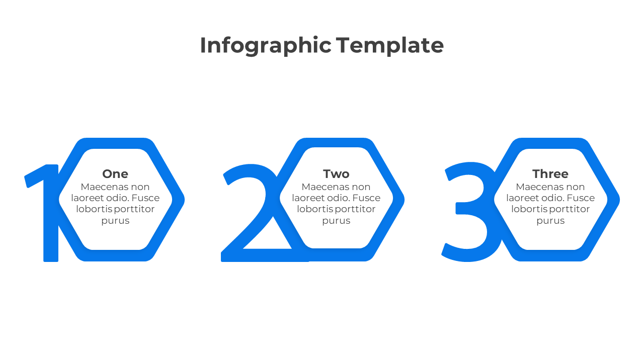 Infographic PPT template with three blue hexagons, each numbered and with a brief description.