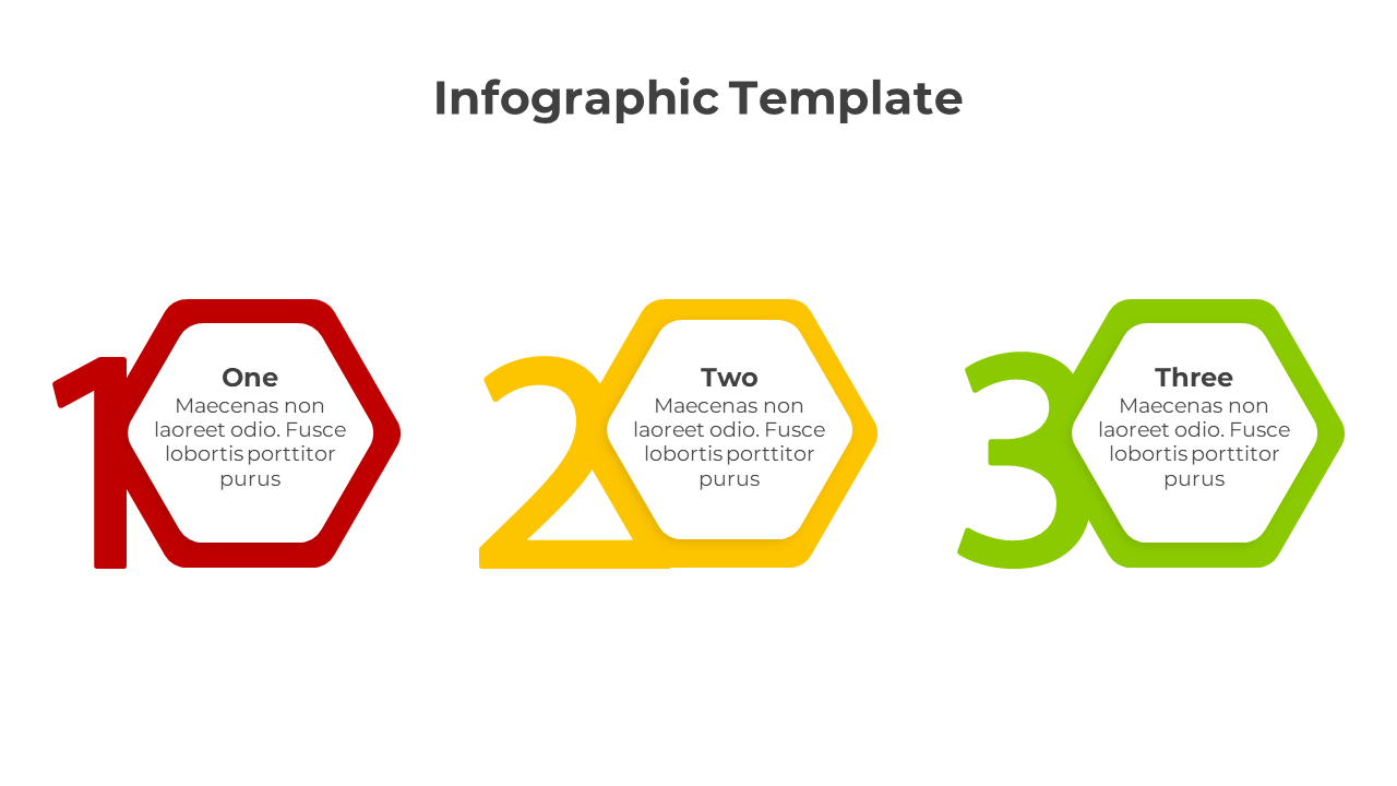 Colorful infographic template with three hexagon shaped numbered sections.