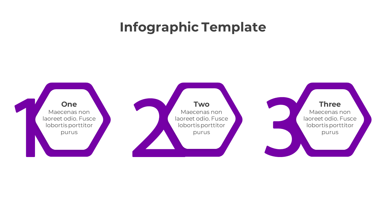 Infographic layout with three purple hexagon shapes, each containing content for different sections.