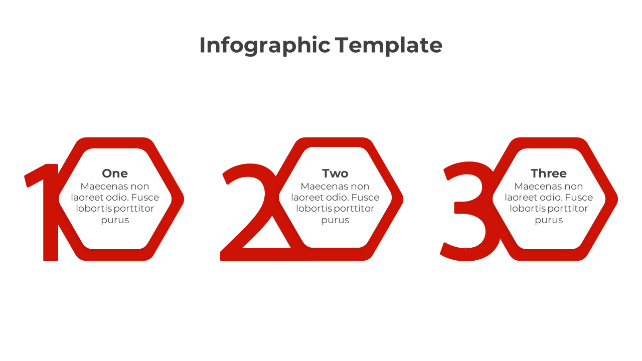 Infographic presentation template with three colorful hexagons numbered one, two, and three, each with a text description.