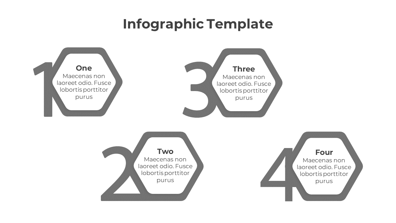 Creative infographic template displaying four sequential gray numbers, each enclosing a hexagonal content box with text.