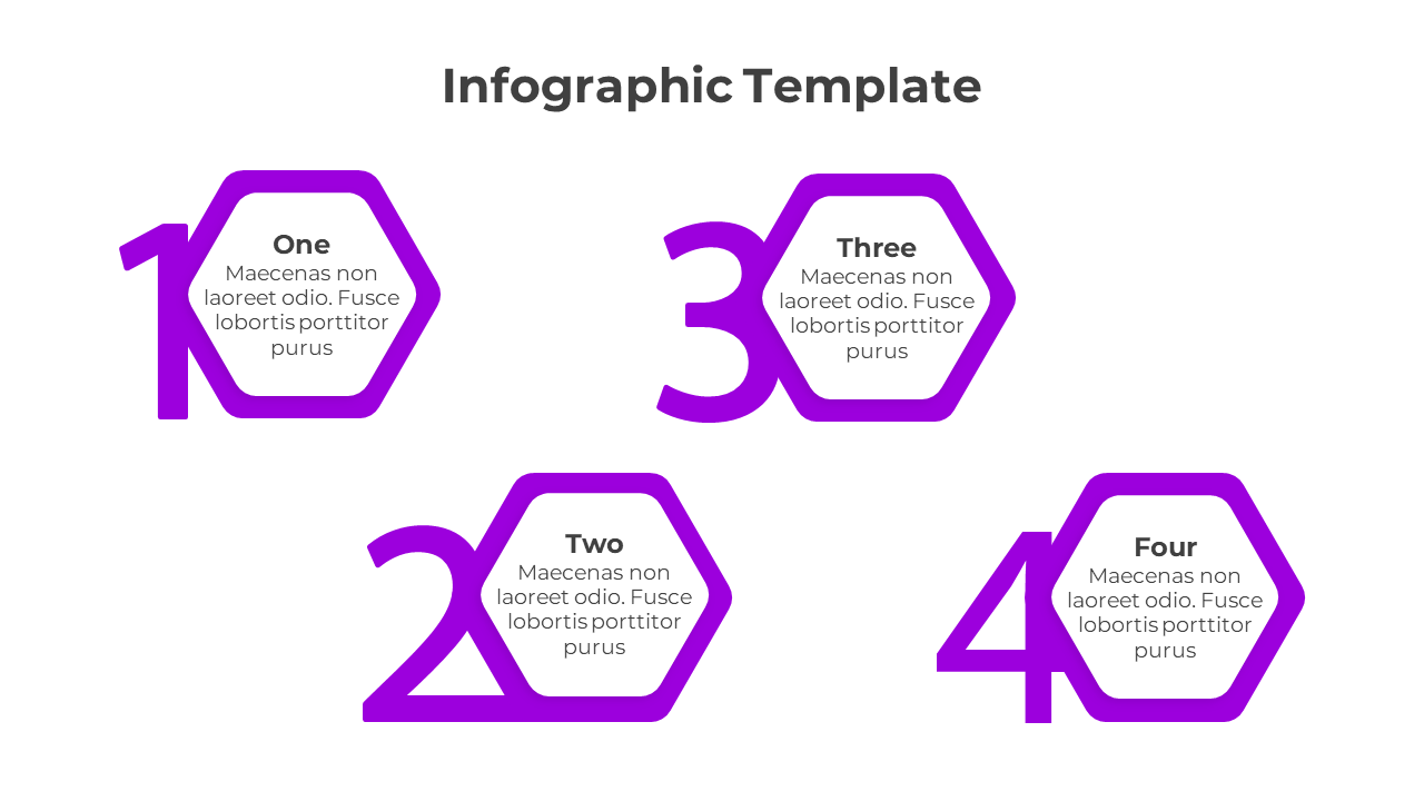 Infographic PPT template with four purple hexagons, each displaying numbers and content sections.