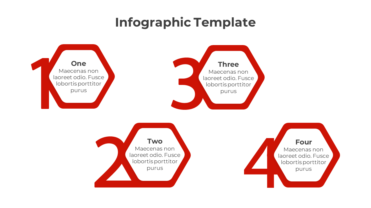 Numbered infographic with four bold red digits, each integrated with a hexagon-shaped text area for descriptions.