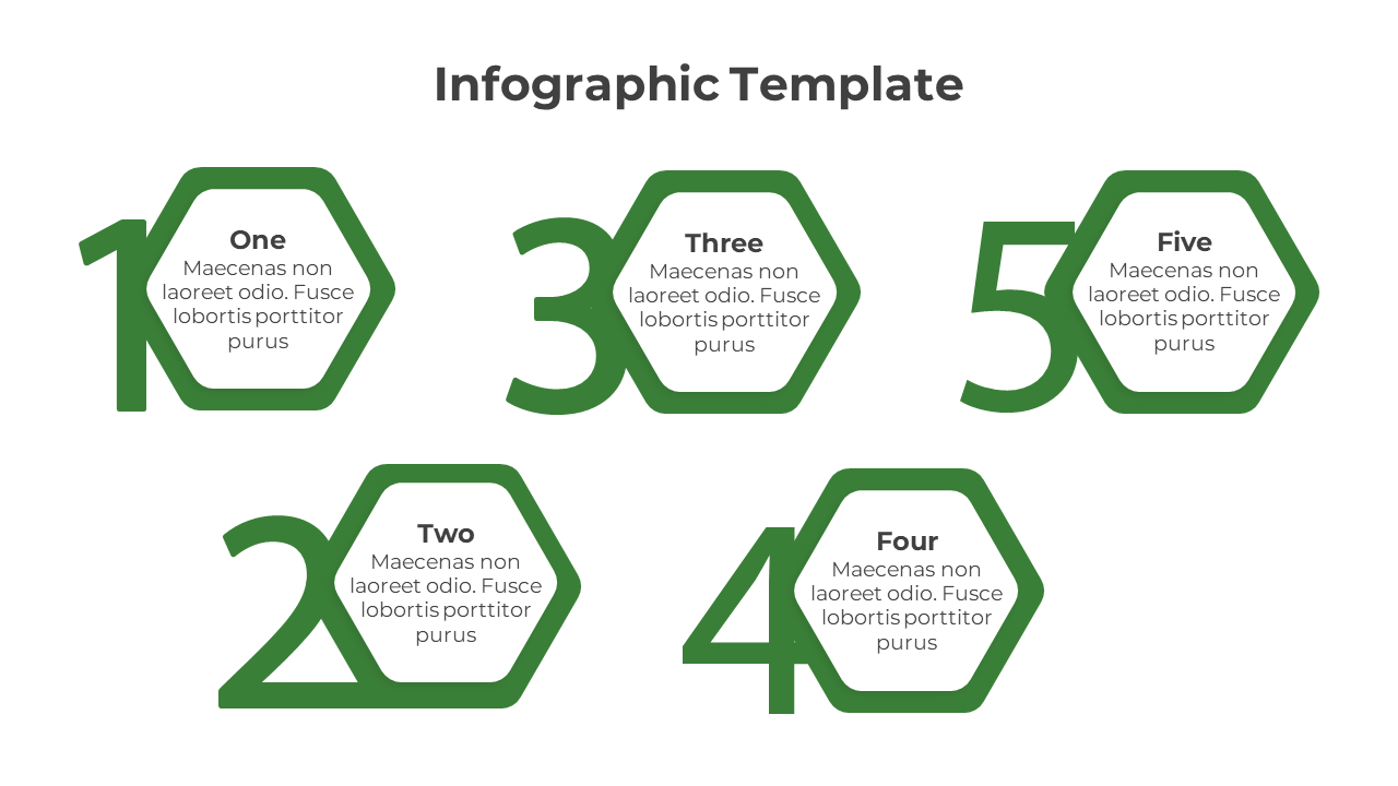 Creative number design with bold green hexagons highlighting five sequential numbers and corresponding text content.