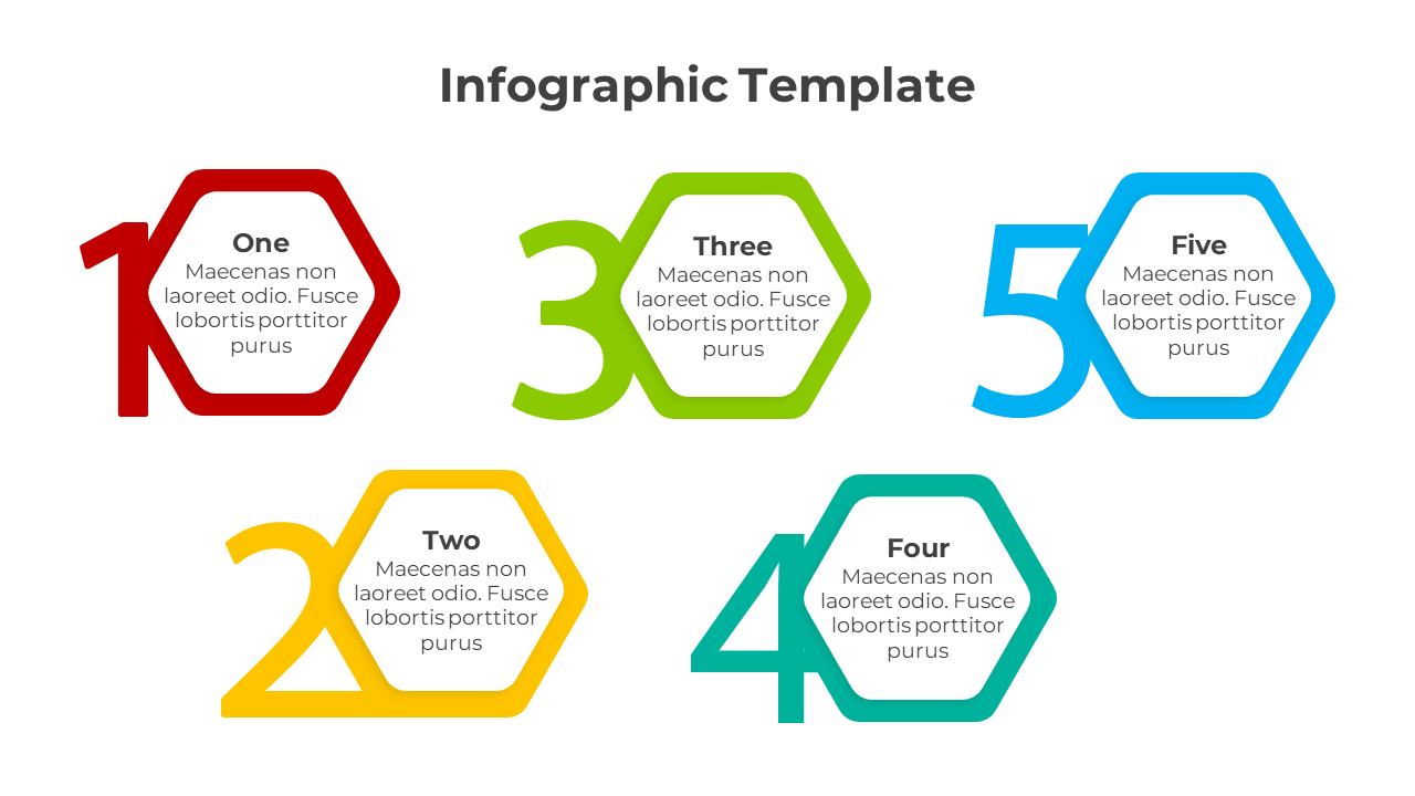 Infographic template with five numbered hexagons in red, yellow, green, teal, and blue, each with a descriptive text.