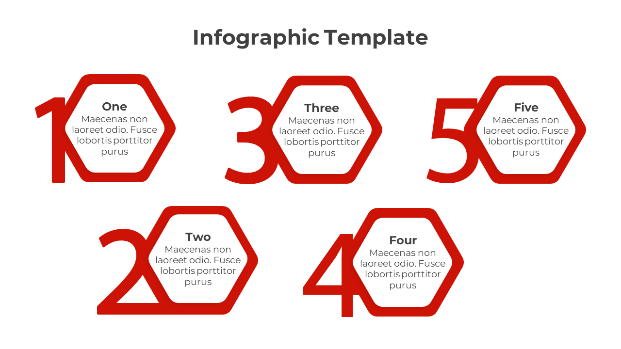 Infographic presentation template showing five numbered hexagons, each with a description inside.