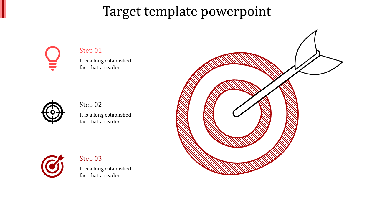 Dartboard graphic with concentric circles in red, featuring three steps with numbered labels and corresponding icons.