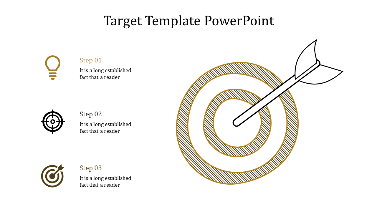 PowerPoint template for target steps, showing lightbulb, target, and dartboard with corresponding steps.