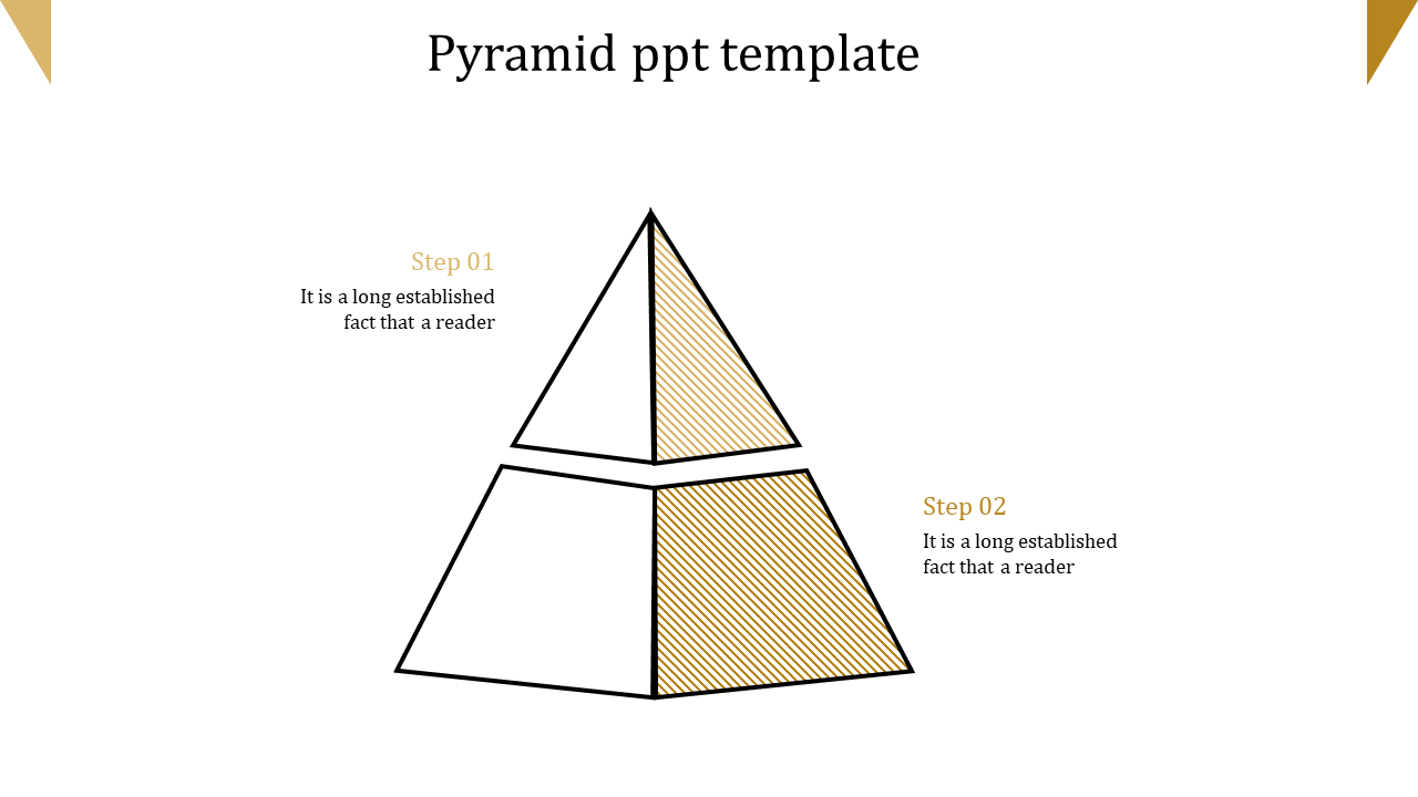 Layered pyramid chart featuring alternating gold and white sections, with two labeled steps placed evenly on either side.