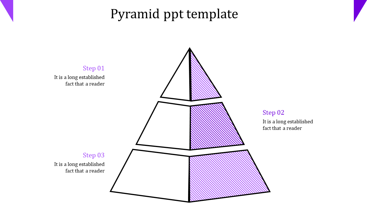 Purple and white pyramid graphic with three steps, each labeled with a caption in a PowerPoint template.