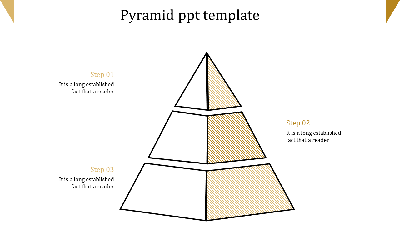 Minimalist pyramid with three sections and descriptive text on each level, showcasing a striped pattern on two levels.