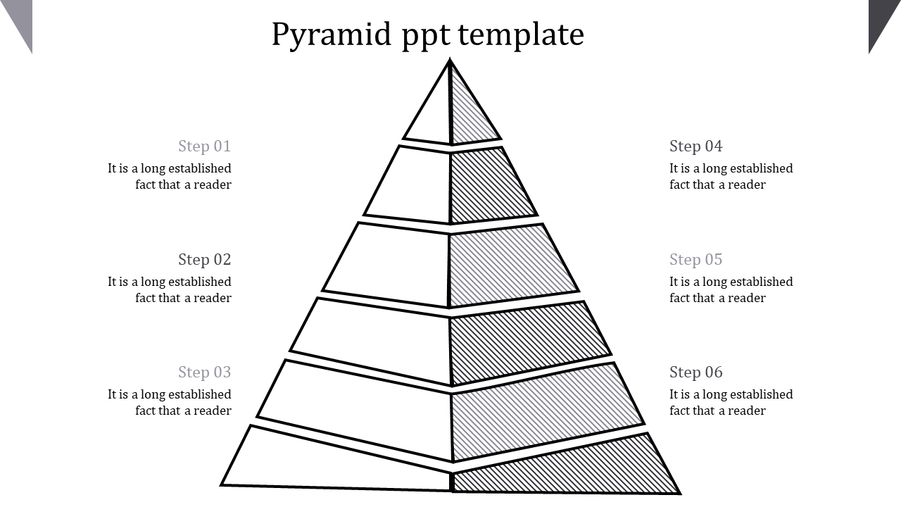 A black and white pyramid template with six steps, each labeled and accompanied by text placeholders.