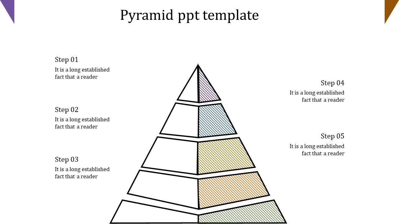 Pyramid PowerPoint template with five color coded steps, each labeled with a step number and description.