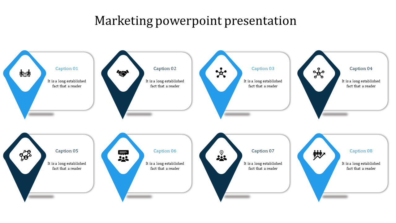 Marketing PowerPoint presentation template with eight diamond shaped icons linked to captions.