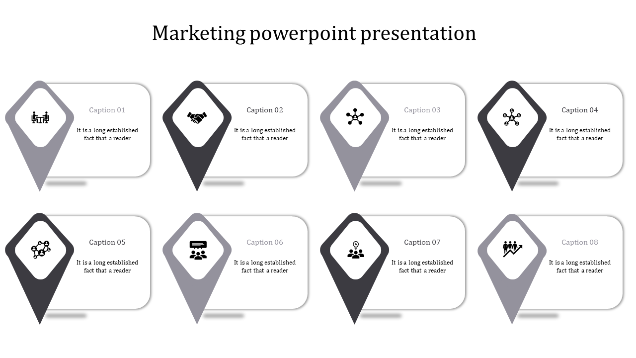 Marketing strategy roadmap with eight steps represented by black and gray pointer shapes and business-related icons.