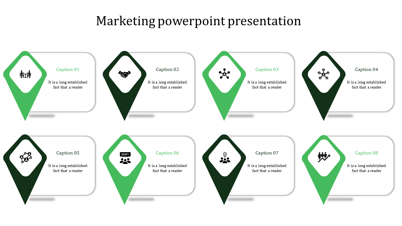 Marketing PowerPoint presentation with eight sections, each featuring a green location pin and an icon with captions.