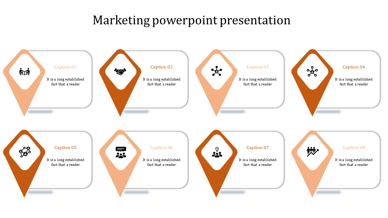 Marketing PowerPoint slide with eight sections, each with an orange location pin and an icon.