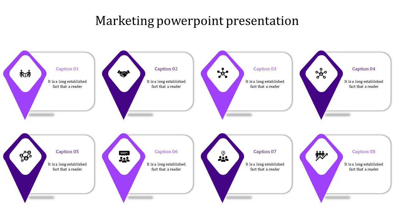 Eight purple arrow shaped markers pointing to white text boxes with icons and captions in a horizontal layout.