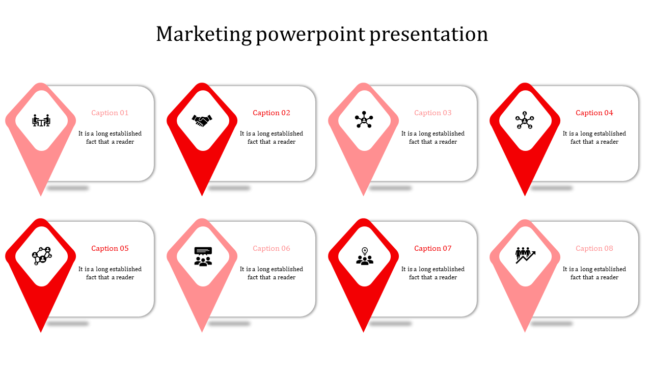 Marketing slide with eight red and pink location pin graphics, each containing an icon and connected to caption areas.