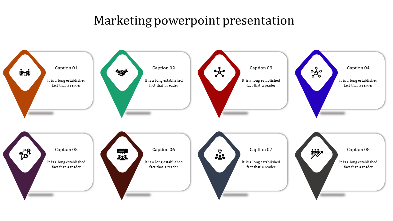 Marketing slide with eight colored pointers in orange, green, red, blue, purple, brown, gray, and black, each with captions.