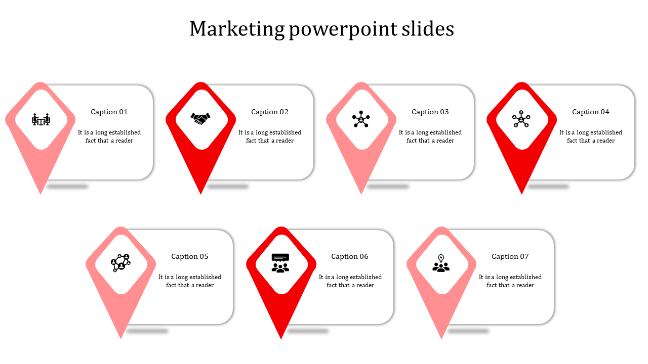 Marketing slide template with seven map pin shapes, each paired with a caption areas in a white background.